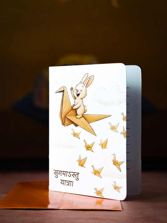 Happy Journey & Safe Travels Sanskrit Greeting Card | Cute Bunny Farewell & Good Luck Design