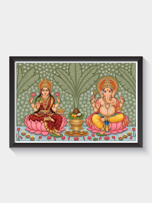 Lakshmi Ganesh Wall Frame | Spiritual Wall Art for Home, Pooja Room & Diwali Decor