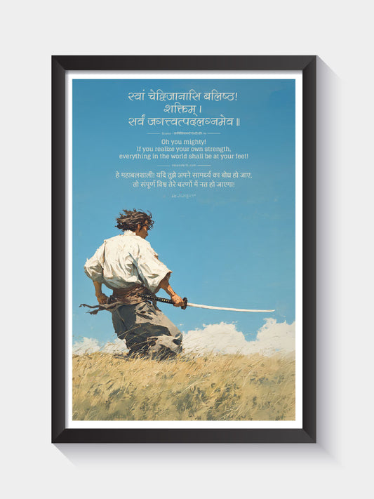 Realize Your Strength – Sanskrit Quote with Warrior Artwork (Framed)