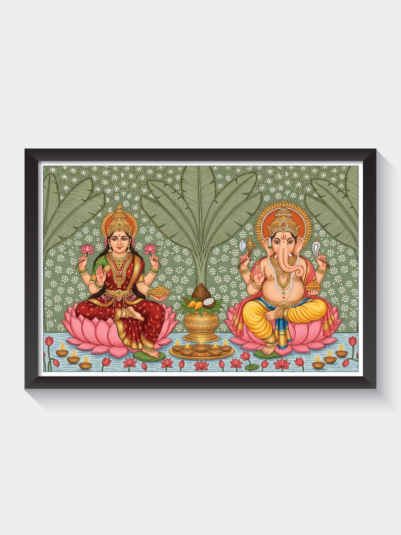 Lakshmi Ganesh Wall Frame | Spiritual Wall Art for Home, Pooja Room & Diwali Decor