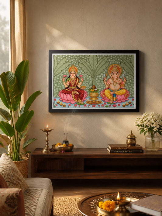 Lakshmi Ganesh Wall Frame | Spiritual Wall Art for Home, Pooja Room & Diwali Decor